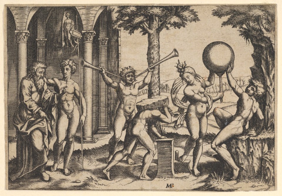 A man with two trumpets in the centre flanked by other figures including an old and a young man at left MET DP854394