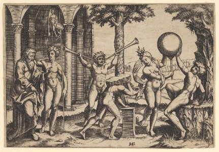 A man with two trumpets in the centre flanked by other figures including an old and a young man at left MET DP854394