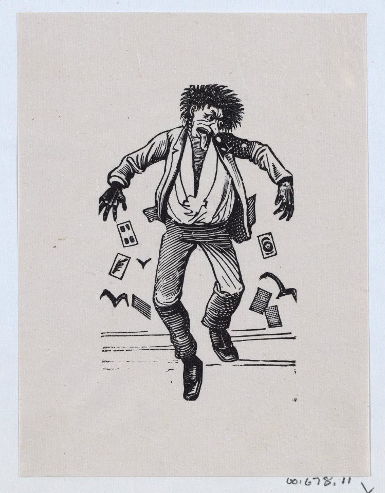 A man with his toungue out jumping in the air while cards fall out of his pockets MET DP869234-1