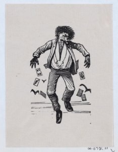A man with his toungue out jumping in the air while cards fall out of his pockets MET DP869234-1