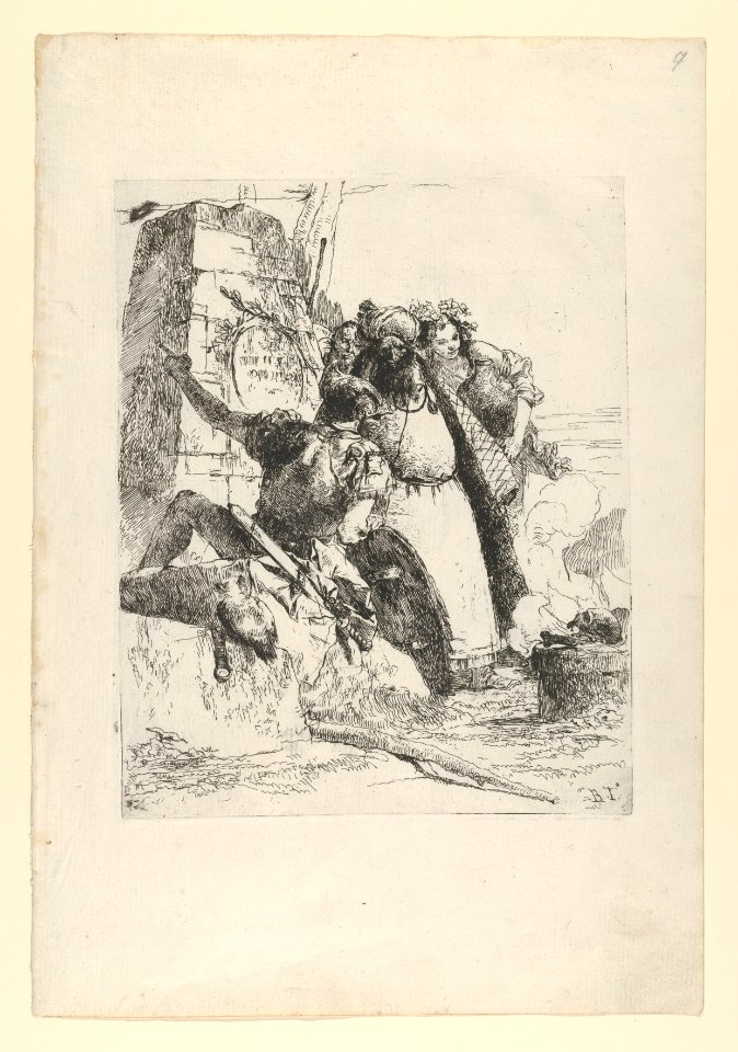 A magician, a soldier and three figures watching a burning skull from the Scherzi di Fantasia MET DP854157