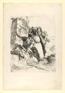 A magician, a soldier and three figures watching a burning skull from the Scherzi di Fantasia MET DP854157
