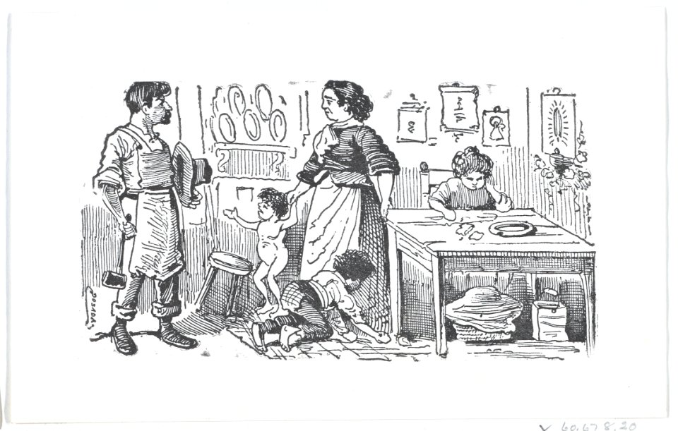 A domestic scene with a mother holding her child's hand while talking to her husband MET DP874468