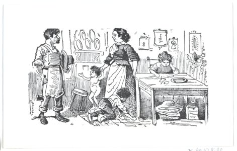 A domestic scene with a mother holding her child's hand while talking to her husband MET DP874468