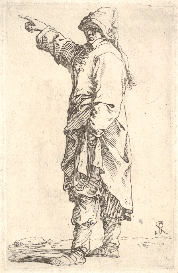 A man wearing a long outer garment and cap pointing to the left, from the series 'Figurine' MET DP832601