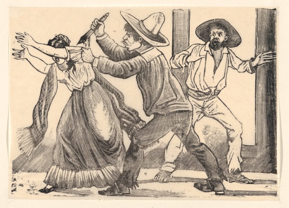 A man grabbing a woman by her sleeve and stabbing her, from a broadside entitled 'The murder of Leandra Martinez by her brother, Manuel' MET DP869597
