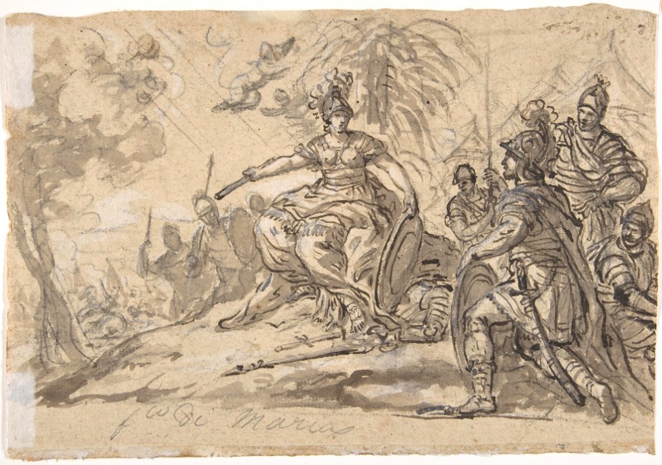A Male and a Female Saint (Joseph of Aramathea? and Saint Catherine of Siena? Adoring the Virgin and Child in Glory (recto); Minerva Bellona with a Victorious Warrior (verso) MET DP810433