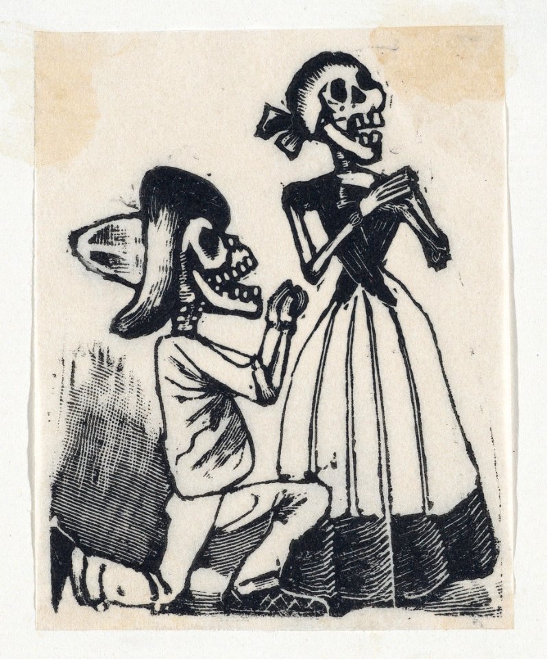 A male skeleton on his knees before a female skeleton (vignette for the feast of the dead) MET DP867977