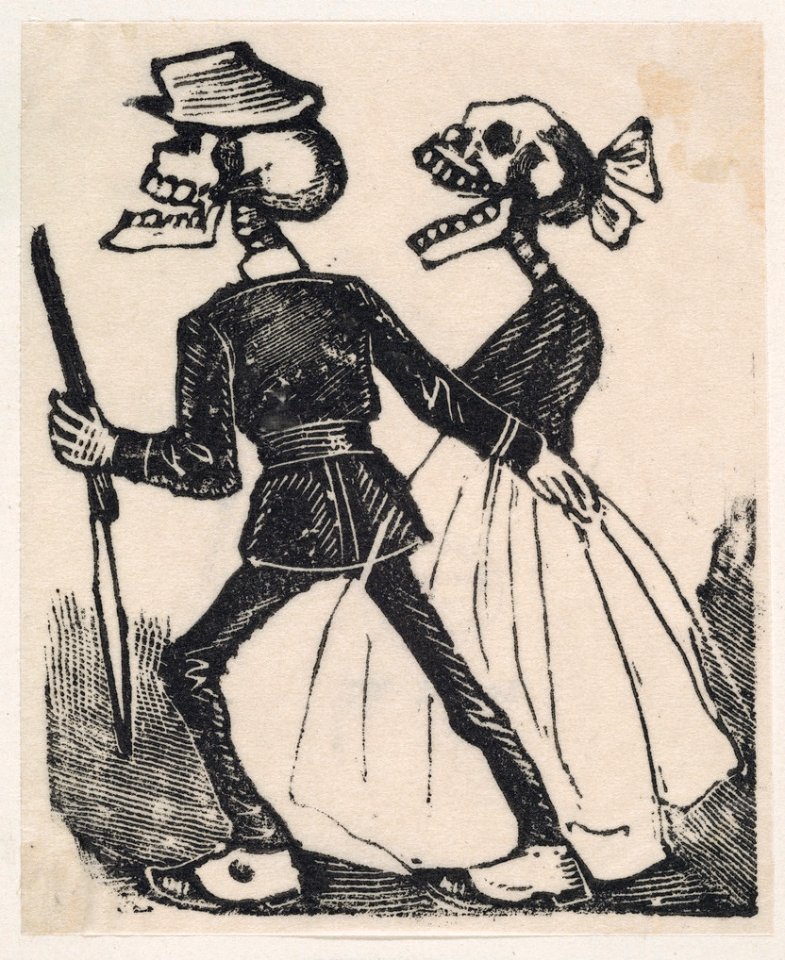 A male skeleton leading a female skeleton to the left, from a broaside entitled 'La Calavera de Cupido', published by Antonio Vanegas Arroyo. MET DP869216-1