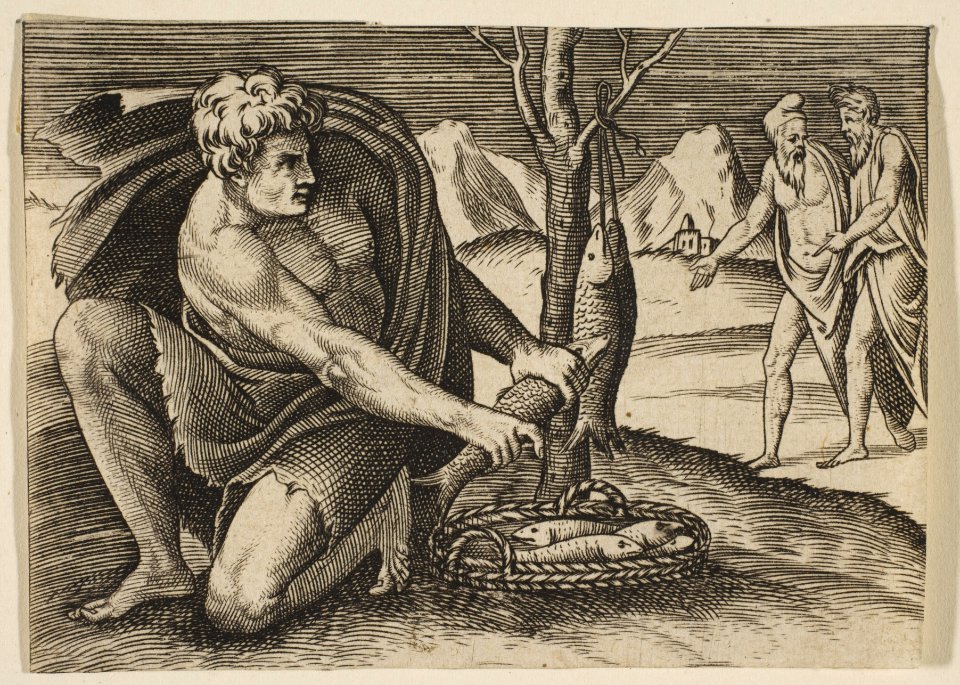 A man kneeling next to a basket of fish and taking one with both hands, two men at right in the background MET DP818651