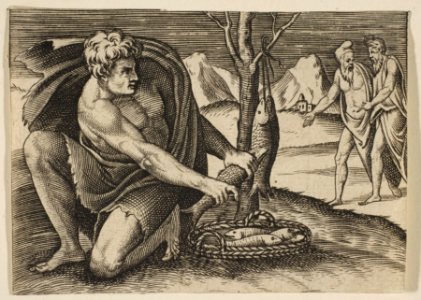 A man kneeling next to a basket of fish and taking one with both hands, two men at right in the background MET DP818651