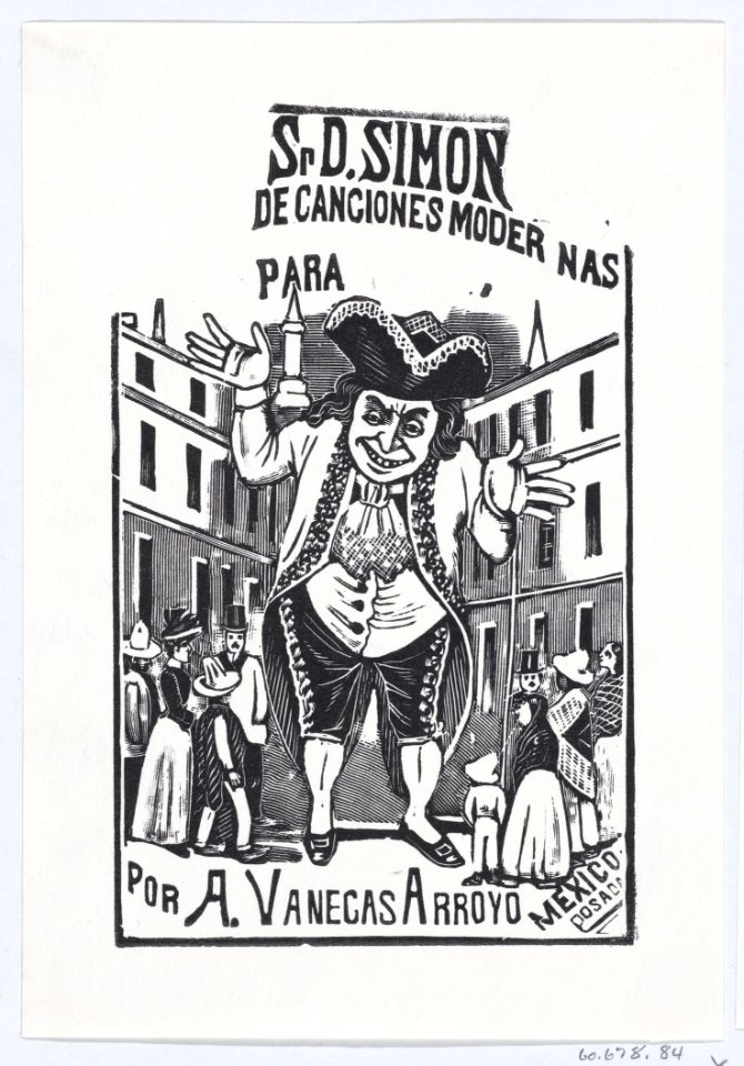 A man shrugging his shoulders towering over buildings and people, illustration for 'Señor D. Simon,' published by Antonio Vanegas Arroyo MET DP869492
