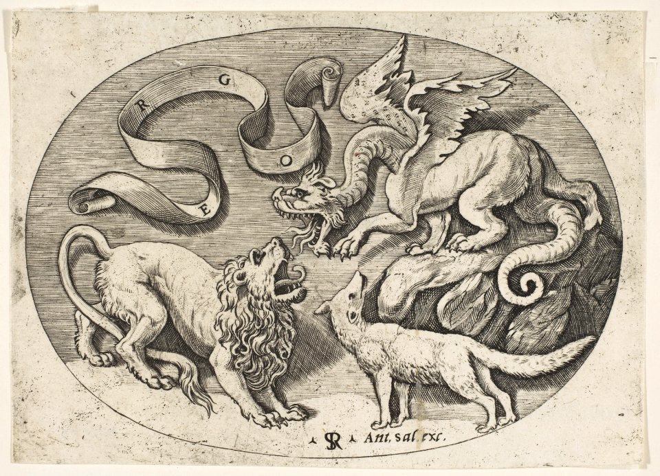A lion, dragon and fox fighting each other, an inscribed banderole above, an oval composition MET DP818727