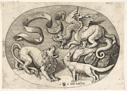 A lion, dragon and fox fighting each other, an inscribed banderole above, an oval composition MET DP818727