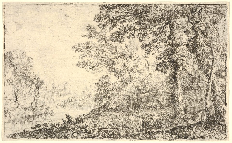 A landscape with a monk and an angel in the center, a town to the left (The Vision) MET DP833460