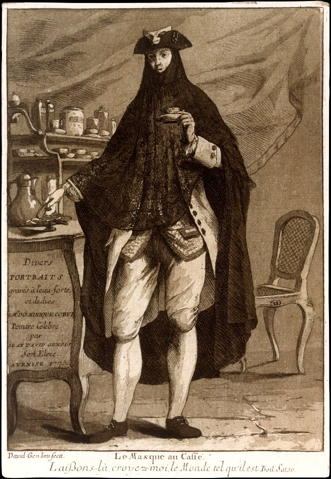 A man wearing a mask drinking a cup of coffee (Le Masque au Caffé), Title page to 'Divers Portraits' MET DT9532