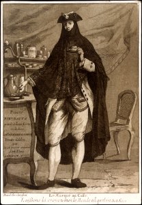 A man wearing a mask drinking a cup of coffee (Le Masque au Caffé), Title page to 'Divers Portraits' MET DT9532