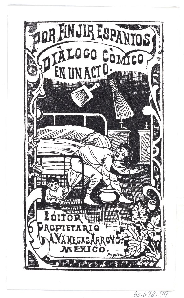 A man sitting on a bed being poked with a broom by someone under the bed, illustration for 'Por Finjir Espantos,' edited by Antonio Vanegas Arroyo MET DP869488
