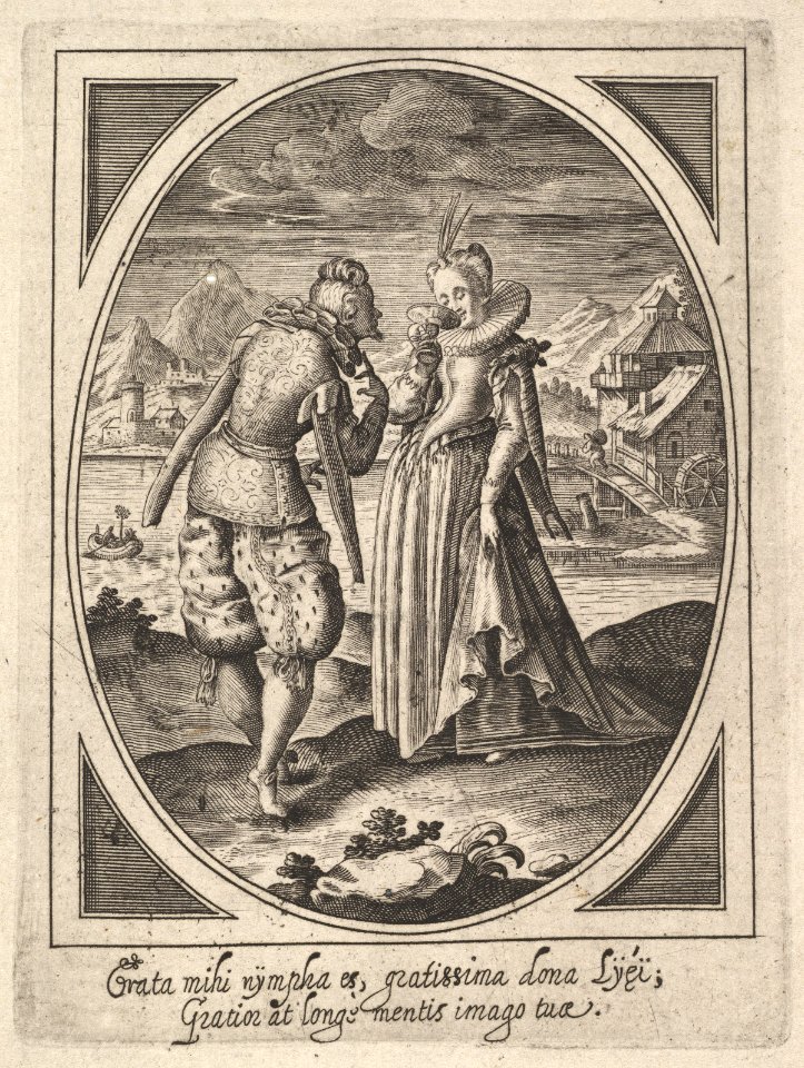 A man steps toward a woman who holds a goblet to her mouth, a watermill and mountains beyond, an oval composition MET DP828322
