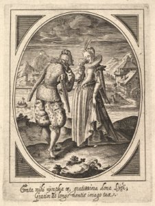 A man steps toward a woman who holds a goblet to her mouth, a watermill and mountains beyond, an oval composition MET DP828322