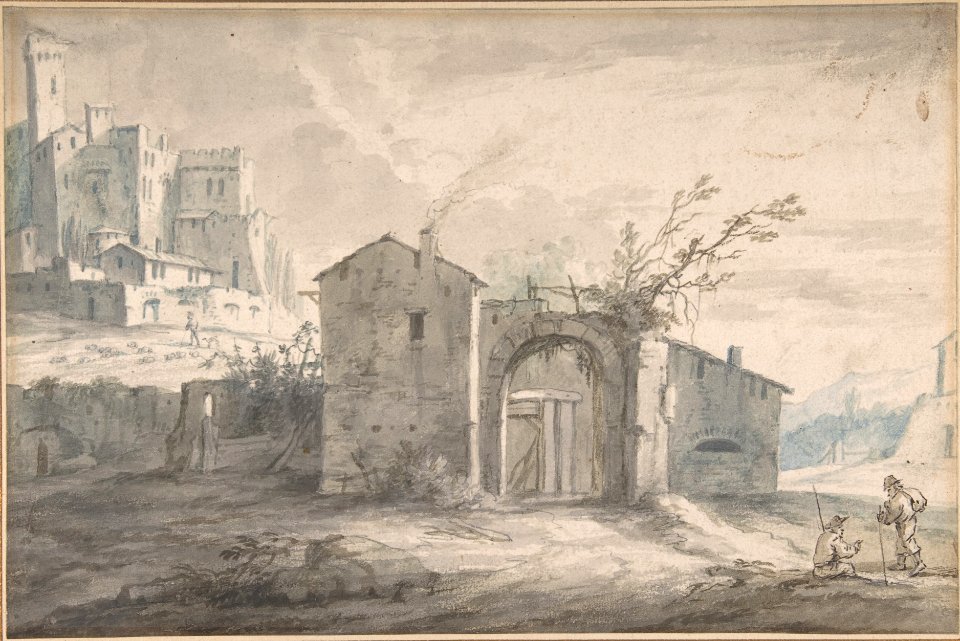 A landscape with a farm house and two figures, a fortified village seen beyond MET DP801849