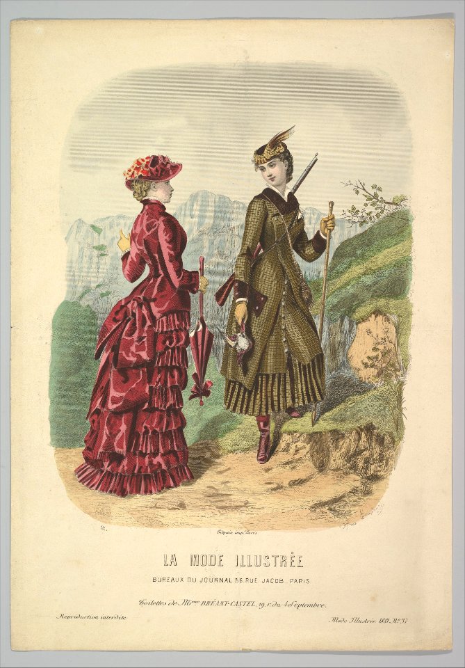 A Lady in a Hunting Costume with a Lady in Walking Costume on a Mountain Path from La Mode Illustrée MET DP819180