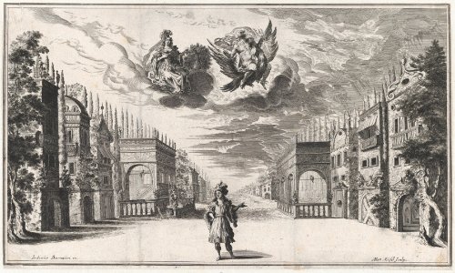 A man stands at center, flanked by rows of buildings; above Jupiter atop an eagle and Juno accompanied by a peacock, converse among the clouds; set design from 'Il Pomo D'Oro' MET DP874698