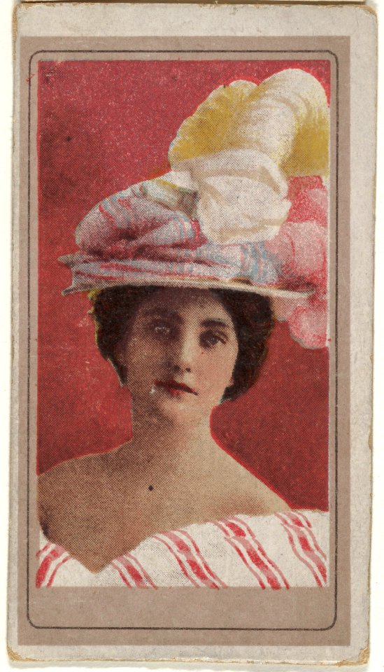 Actress wearing pink and white striped gown, from the Actresses series (T176) issued by Sweet Caporal Cigarettes MET DP842600