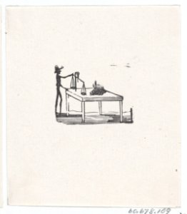 A man standing at a table with a balance beam and a cow's skull MET DP869518