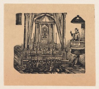 A priest conducting mass from a pulpit for women dressed in black MET DP869252-1
