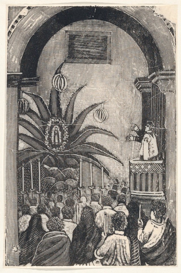A priest conducting mass from a balcony, an image of the Virgin of Guadalupe set in palm tree MET DP874512