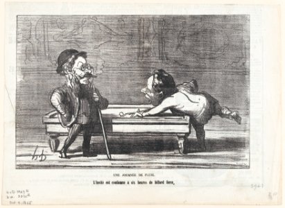 A rainy day- The guest is condemned to six hours of billiards, from 'The joys of country life,' published in Le Charivari, October 4, 1865 MET DP877452