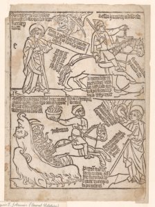 A Rider on a Black Horse with a Pair of Balances in His Hand; and A Pale Horse with Death as Its Rider, from an Apocalypse blockbook, 2nd edition MET DP873406