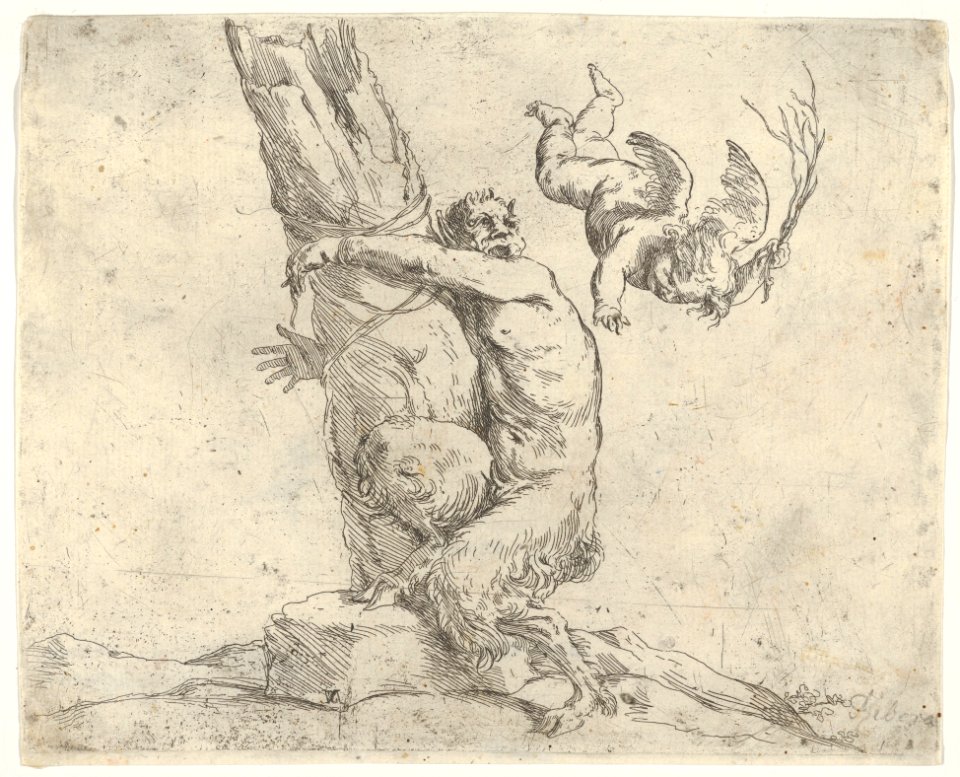A winged putto flogging a satyr tied to a tree MET DP836419