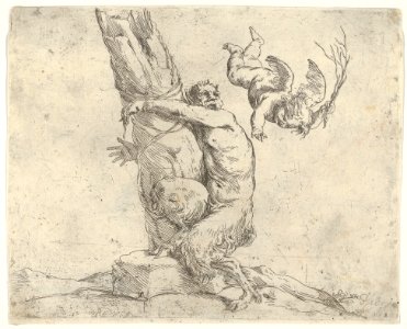 A winged putto flogging a satyr tied to a tree MET DP836419