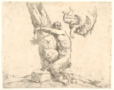 A winged putto flogging a satyr tied to a tree MET DP832634