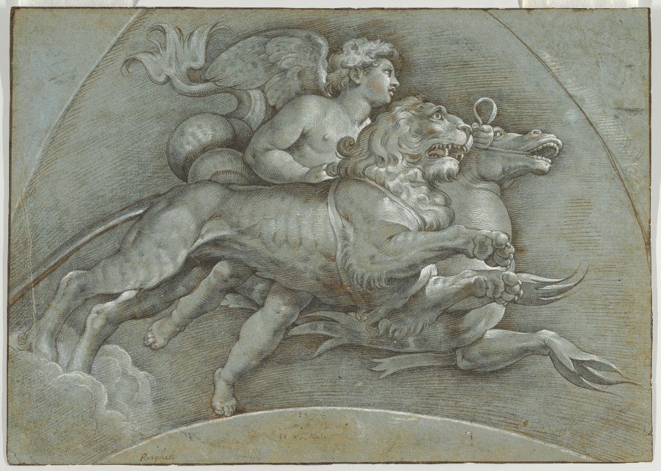 A Winged Putto Riding a Sea Horse and a Lion (after Raphael); verso; The Three Graces (after Raphael) MET DP855018