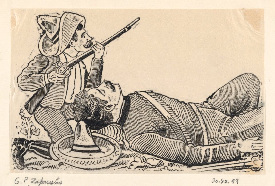 A revolutionary holding a rifle and kneeling to protect a fallen revolutionary MET DP869586