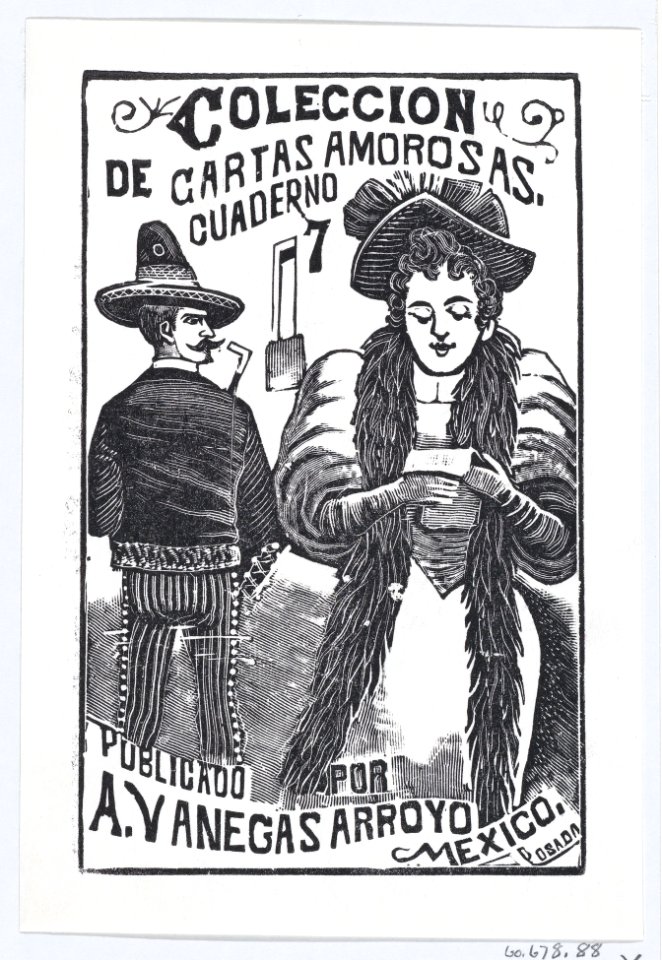 A woman reading a note while a man in the background looks over his shoulder at her, illustration for 'Coleccion de Cartas Amorosas Cuaderno No. 7,' published by Antonio Vanegas Arroyo MET DP869495