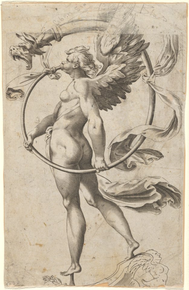 A winged figure of Fame standing facing left and sounding a trumpet MET DP836928
