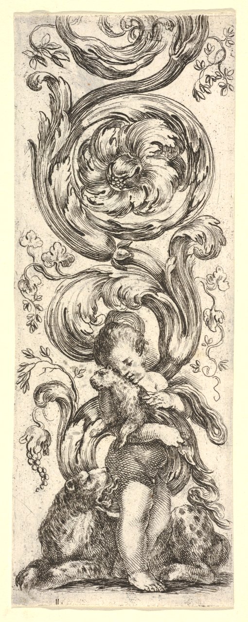 A young boy holding a young leopard in his arms, the mother leopard laying below, from 'Ornaments or Grotesques' (Ornamenti o Grottesche) MET DP833533