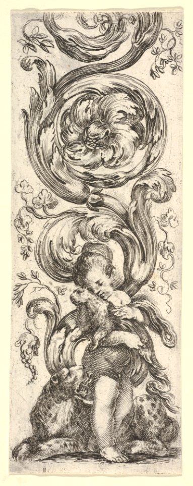 A young boy holding a young leopard in his arms, the mother leopard laying below, from 'Ornaments or Grotesques' (Ornamenti o Grottesche) MET DP833533