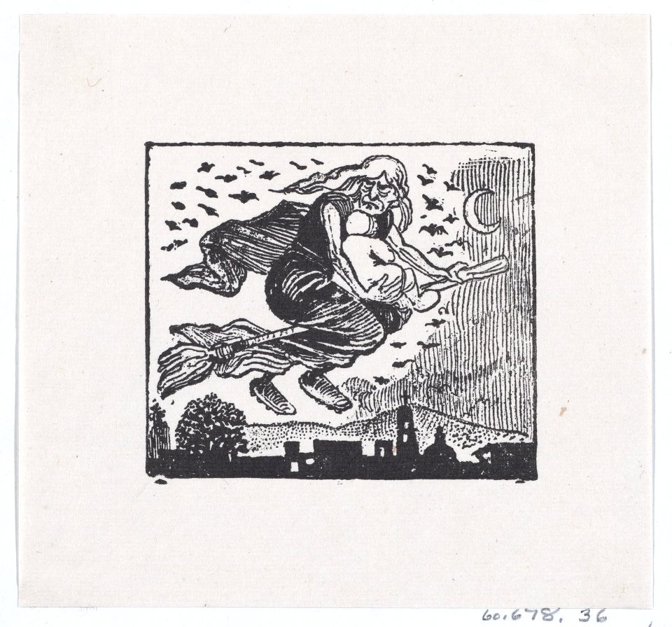 A witch carrying a child on her broom MET DP869393