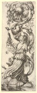 A young girl, seen from behind, lifting a rabbit into the air for a dog above to grasp, another dog at her feet, from'Ornaments or Grotesques' (Ornamenti o Grottesche) MET DP833530