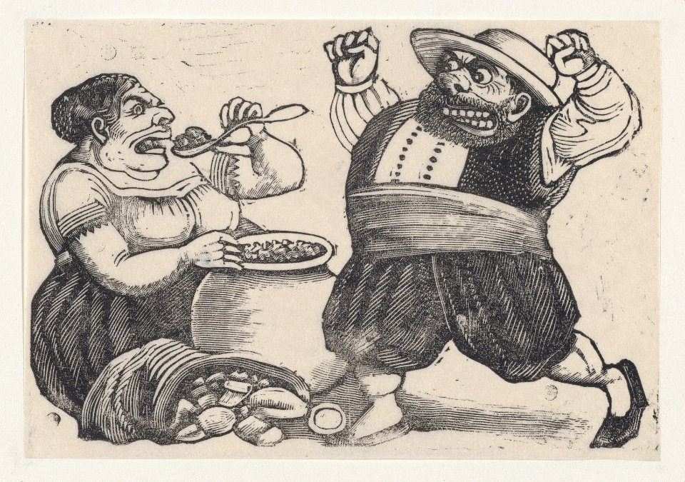 A woman eating and a man facing her with an angry expression and raised fists, from a broadside entitled 'Loa dicha por Sancho Panza y Doña Cenobia en honor de la Pureza de Maria Santisima' MET DP869365