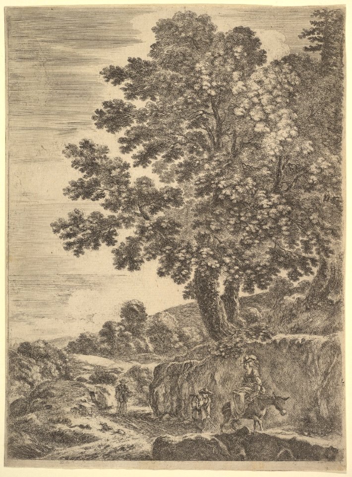 A young woman seated on a donkey wearing a hat with a feather riding towards the right, two men follow to left, a large tree above to right, from 'Four large landscapes' (Quatre grands paysages en hauteur) MET DP827782