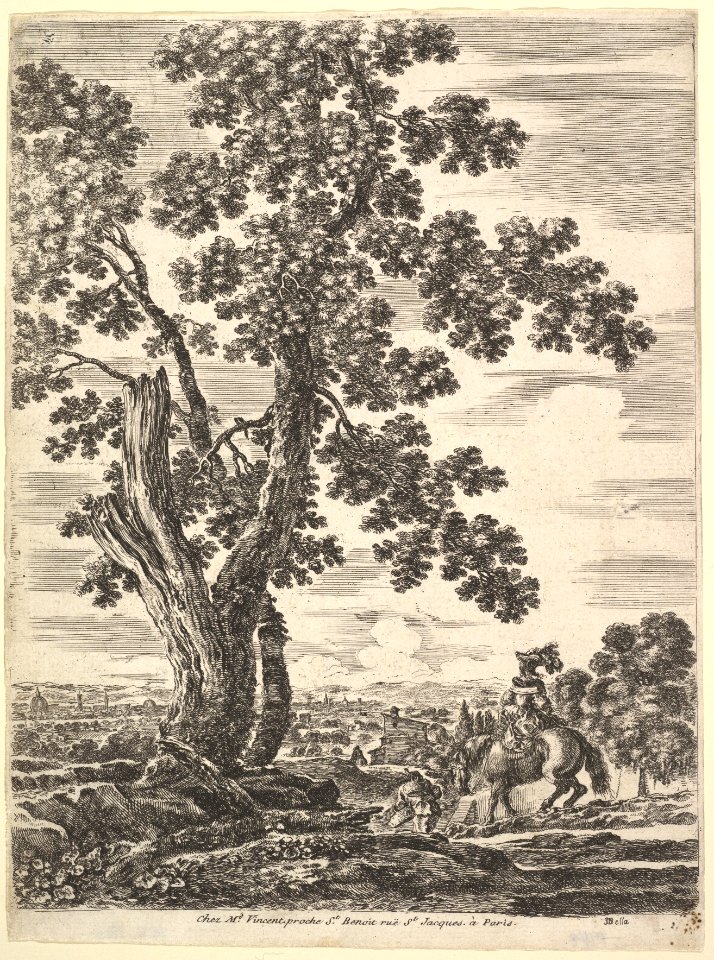 A woman on horseback seen from behind descending a hill to the right, a large tree to the left, landscape of Florence to left in the background, from 'Four large landscapes' (Quatre grands paysages en hauteur) MET DP827783