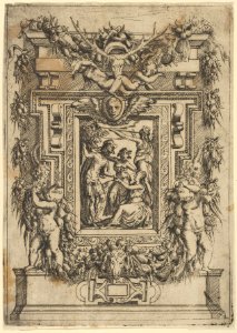 A young man offers his hand to a seated woman, another woman stands between them and a third blows a trumpet behind them, set within an elaborate frame MET DP837636