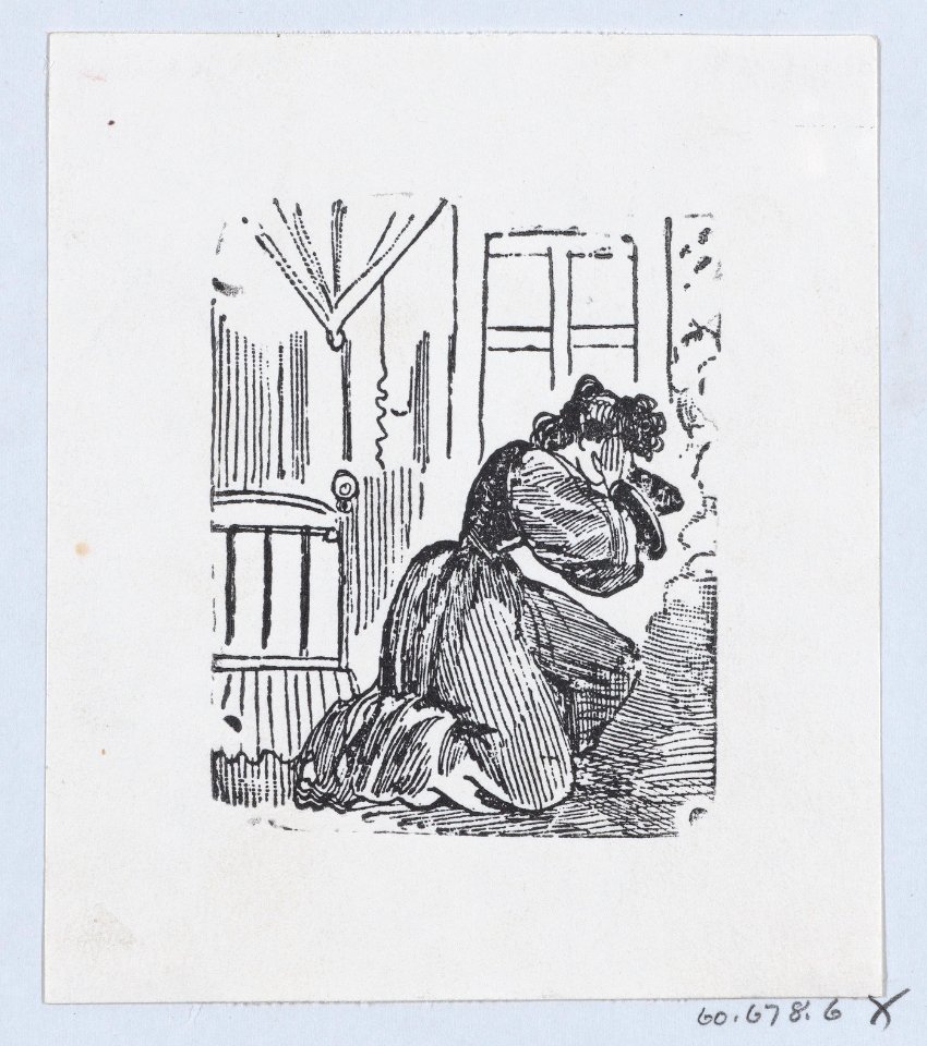 A woman in her bedroom kneeling on the floor with her hands raised to her head MET DP869228-1