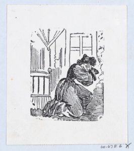 A woman in her bedroom kneeling on the floor with her hands raised to her head MET DP869228-1